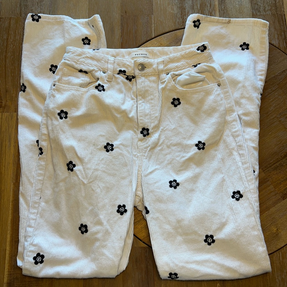 PacSun White Corduroy Pants with Black Floral Design